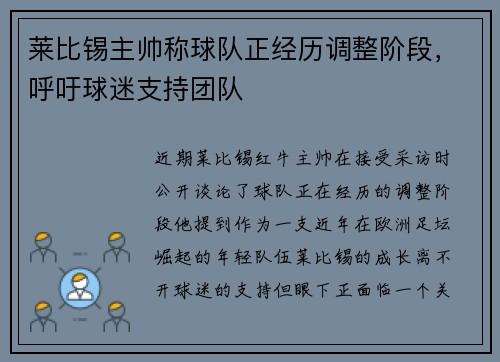 莱比锡主帅称球队正经历调整阶段，呼吁球迷支持团队